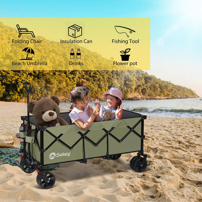 Sekey 48''L Collapsible Foldable Extended Wagon with 440lbs Weight Capacity, Heavy Duty 300L Folding Utility Garden Cart with Big All-Terrain Beach Wheels & Drink Holders. Khaki