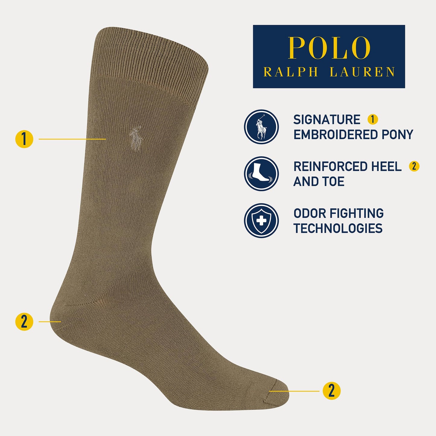 POLO RALPH LAUREN Mens Dress Crew Socks - 3 Pair Pack Heel-toe Reinforcement Supersoft Flat, Black, 12-17 US