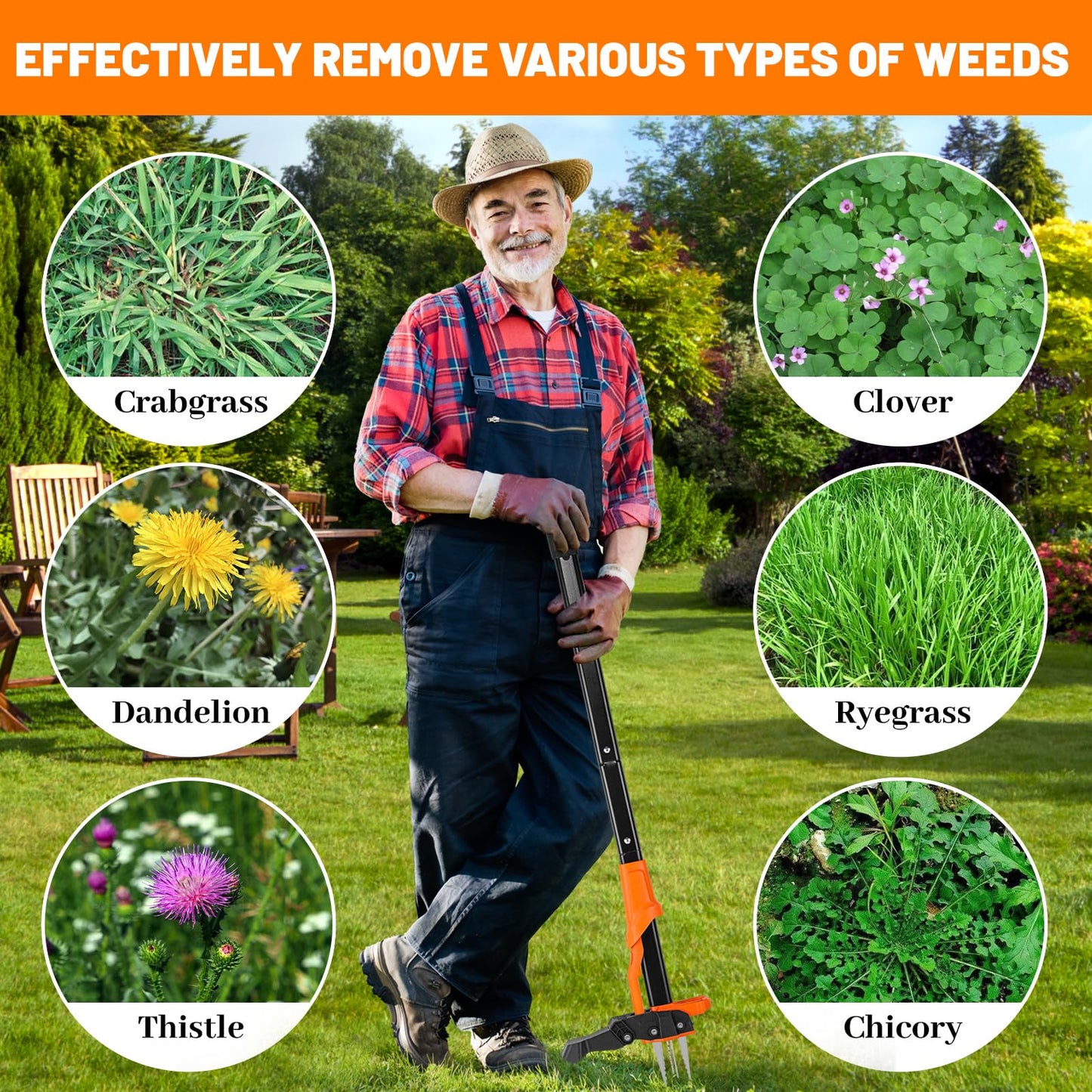 WATFIGBY Weed Puller Tool, Stand Up Weed Puller Heavy Duty, Weeding Tool with 39" Ergonomic Long Handle and 4 Manganese Steel Claws, Easy Eject Mechanism, Weeding Without Bending, Pulling, or Kneeling