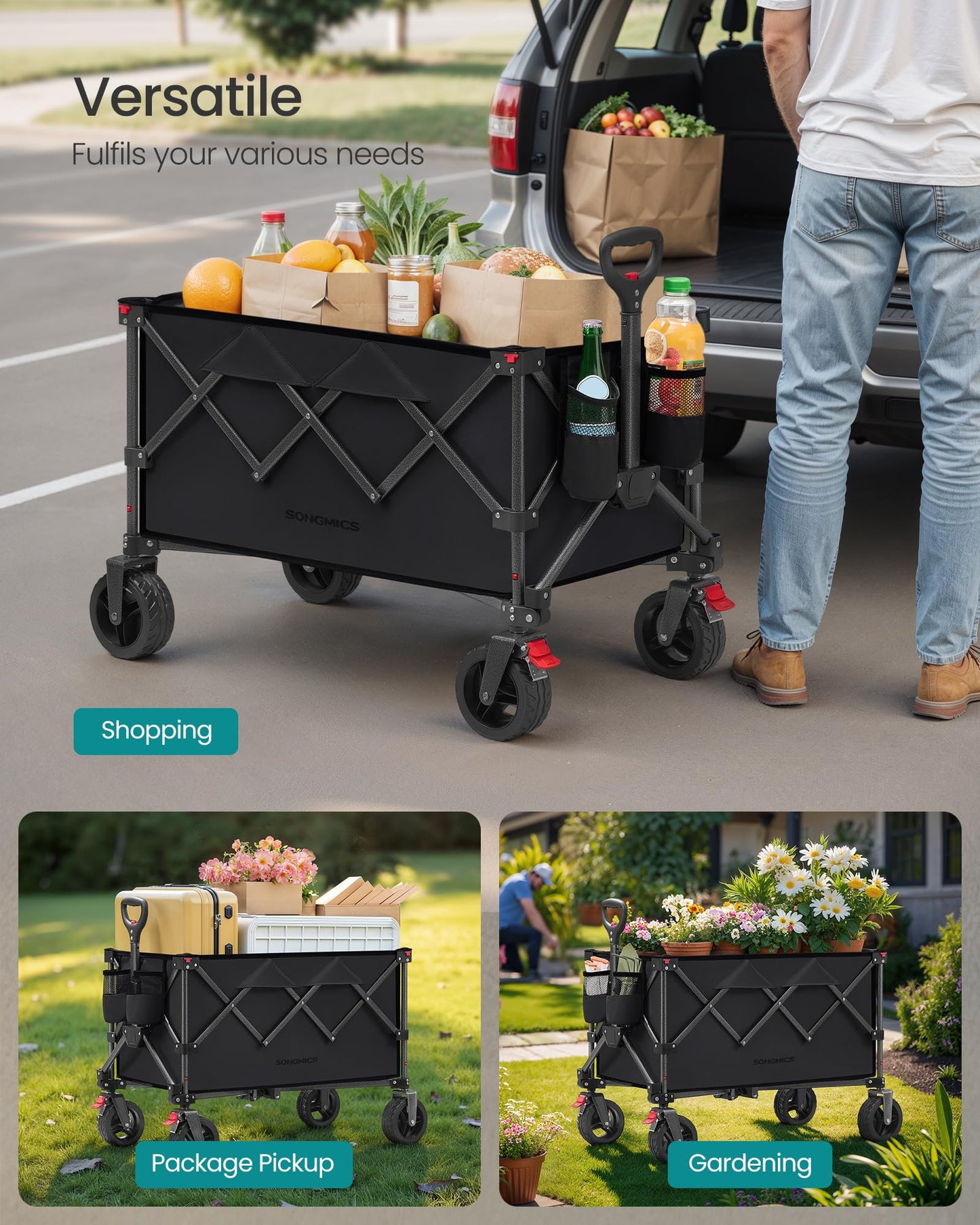 SONGMICS 40-Gallon Collaspible Wagon, Wagons Carts Foldable, for Camping Garden Outdoor, with Handle, Holds up to 330 lb, 4 Removable Wheels, Space-Saving, Ink Black UGFW115B01