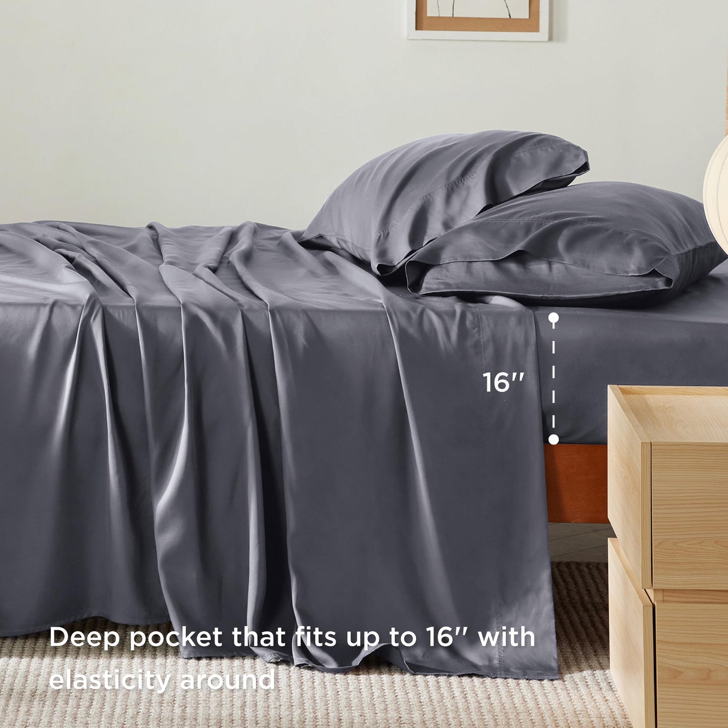 Bedsure Queen Sheets, Queen Cooling Sheet Set, Deep Pocket Up to 16", Breathable & Soft Bed Sheets, Hotel Luxury Silky Bedding Sheets & Pillowcases, Dark Grey