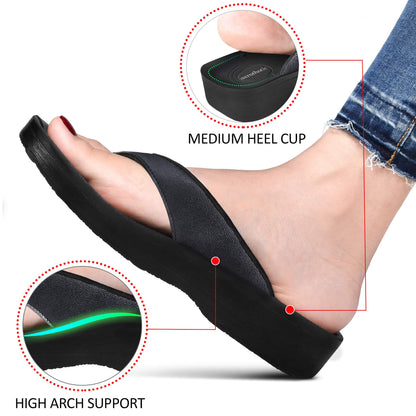 AEROTHOTIC Slip On Recovery Footwear Plantar Fasciitis Flip Flops for Women Yoga Mat Outdoor Walking Beach Ladies Arch Support Summer Thong Dressy Casual Sandals Pearly Black, Size 9