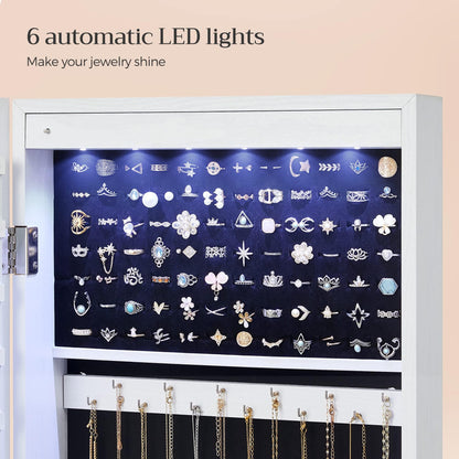 SONGMICS 6 LEDs Mirror Jewelry Cabinet, 47.2-Inch Tall Lockable Wall or Door Mounted Jewelry Armoire Organizer with Mirror, 2 Drawers, Christmas Gift, 3.9 x 14.6 x 47.2 Inches, White