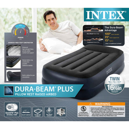 Intex Raised Airbed Mattress with Built-in Pump, Dura-Beam Plus Pillow, Twin - Portable Inflatable Luxury Blow-Up Bed for Adults, Camping, Guests