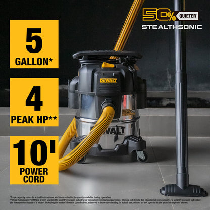 DEWALT 5 Gallon 4 HP STEALTHSONIC Shop Vacuum Wet and Dry DXV05S-QTB Ultra Quiet Stainless Steel Wet/Dry Vacuum Cleaner with Powerful Suction for Garage, Jobsite, and Workshop