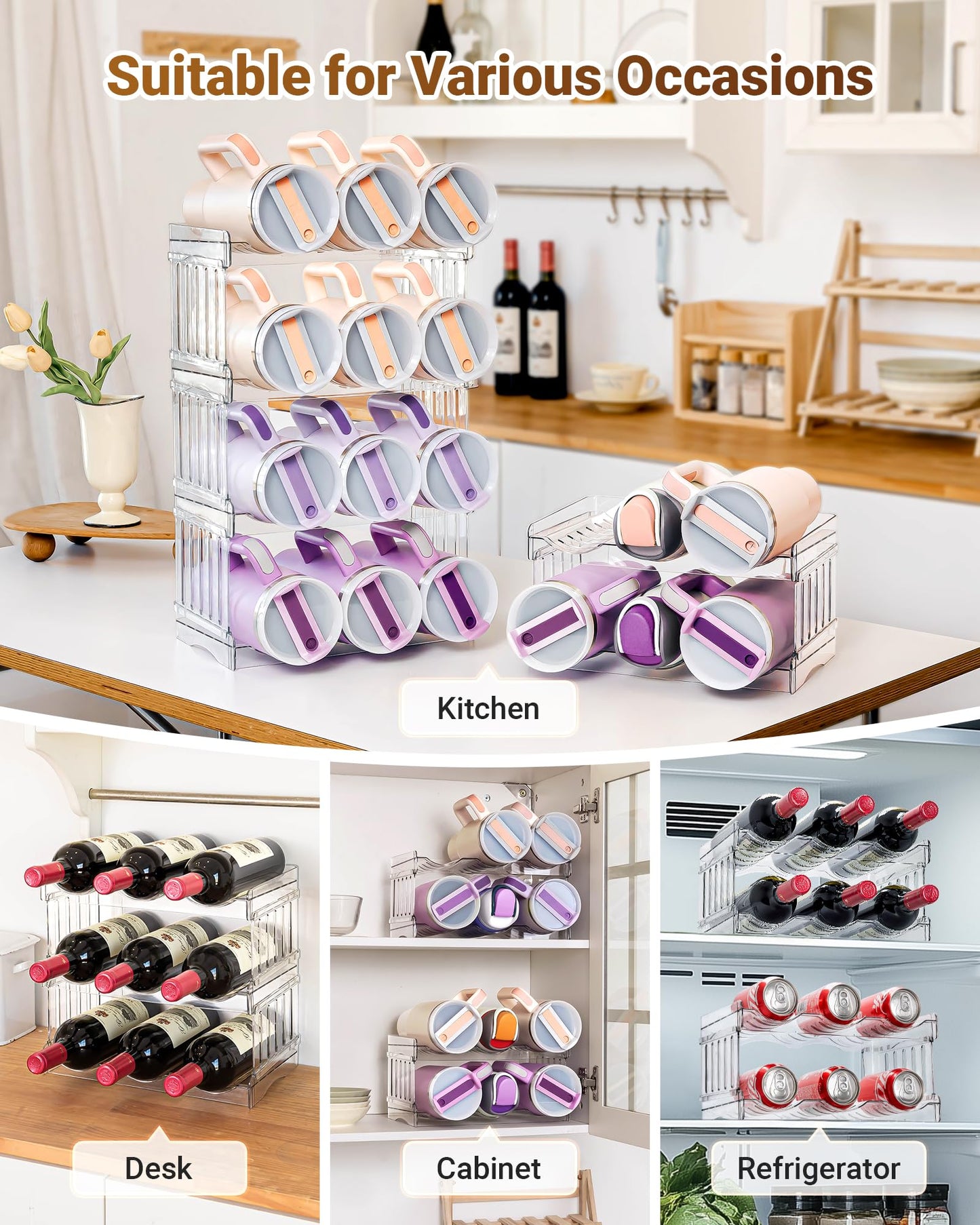 Gracenal Water Bottle Organizer for Stanley 40 oz Tumbler with Handle, Patented Pantry Kitchen Organizers and Storage for Stanley Cup Accessories, Stackable Water Bottle Holder Wine Rack Gifts, 4Pack