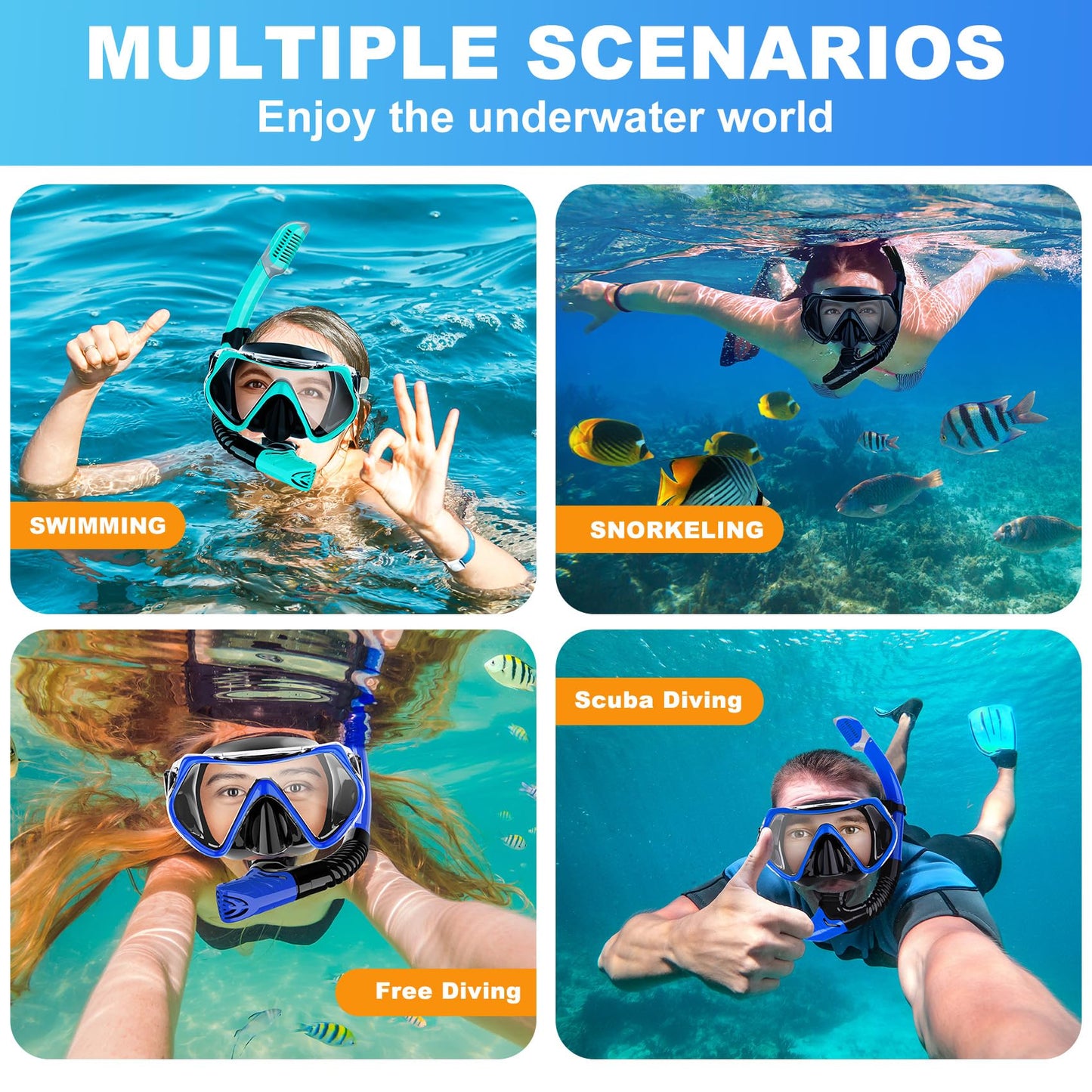 Snorkeling Gear for Adults, Felidel Snorkel Mask Adult Dry Top Snorkel Set with Panoramic View Anti-Fog Scuba Diving Mask for Snorkeling Swimming Travel, Snorkeling Kit Diving Packages