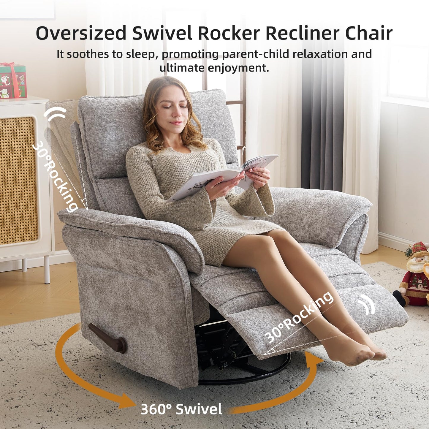 Rhevoy Oversized Glider Rocker Recliner, 26" Extra Wide 360° Swivel Nursery Recliner with Adjustable Headrest, Chenille Rocking Nursery Chair with Overstuffed Armrest, Lumbar Support, Light Grey