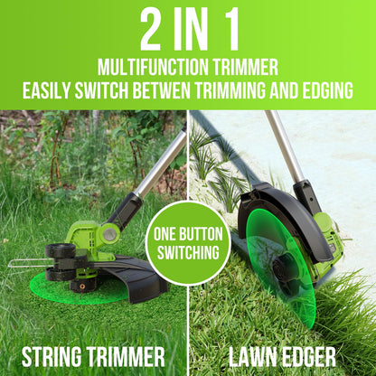 VARSK 20V String Trimmer Cordless, 12 Inch 2 in 1 Trimmer and Edger, Automatic Line Feed, Includes 2 X 2.0Ah Batteries/1 X Fast Charger/6 X Spare Spools, for Lawn, Garden, etc, Green