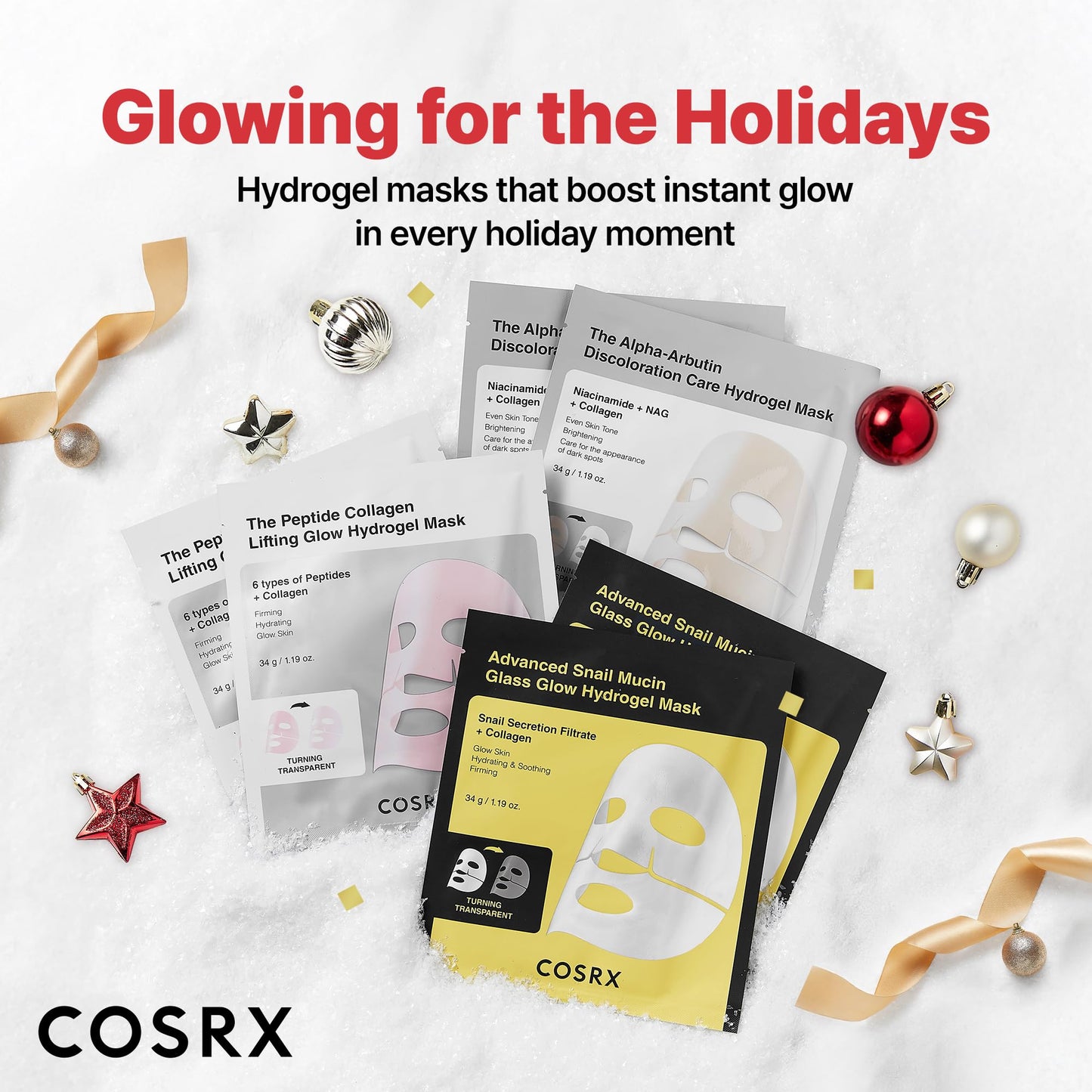 COSRX Glow-Boosting Face Mask Limited Holiday Gift Set 6ea, Snail Mucin, 6 Peptides & Alpha-arbutin for Glass skin, Collagen Face Mask, Korean Skin Care Set, Stocking Stuffers, Amazon Exclusive
