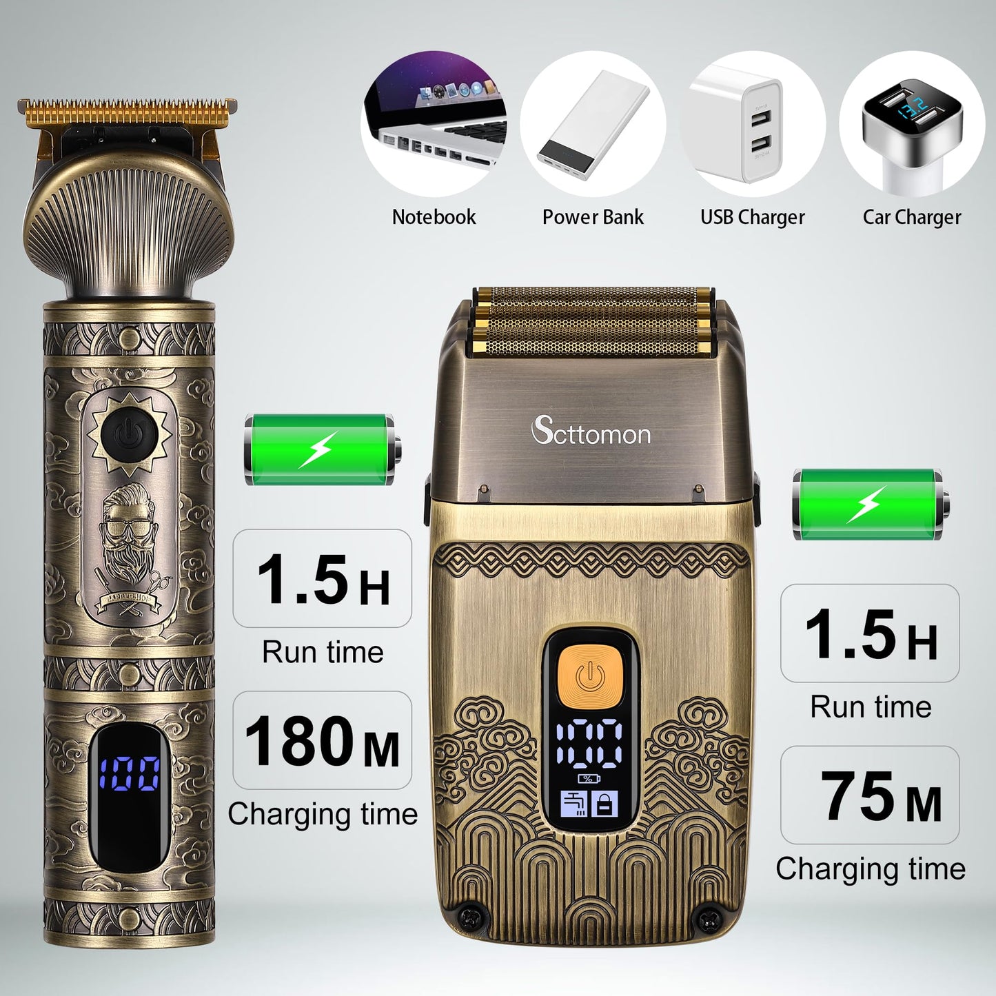 Scttomon T-Blade Hair Trimmers & Electric Shavers for Men Foil Shaver Beard Trimmer Men's Grooming Kit with Triple Blades Cordless