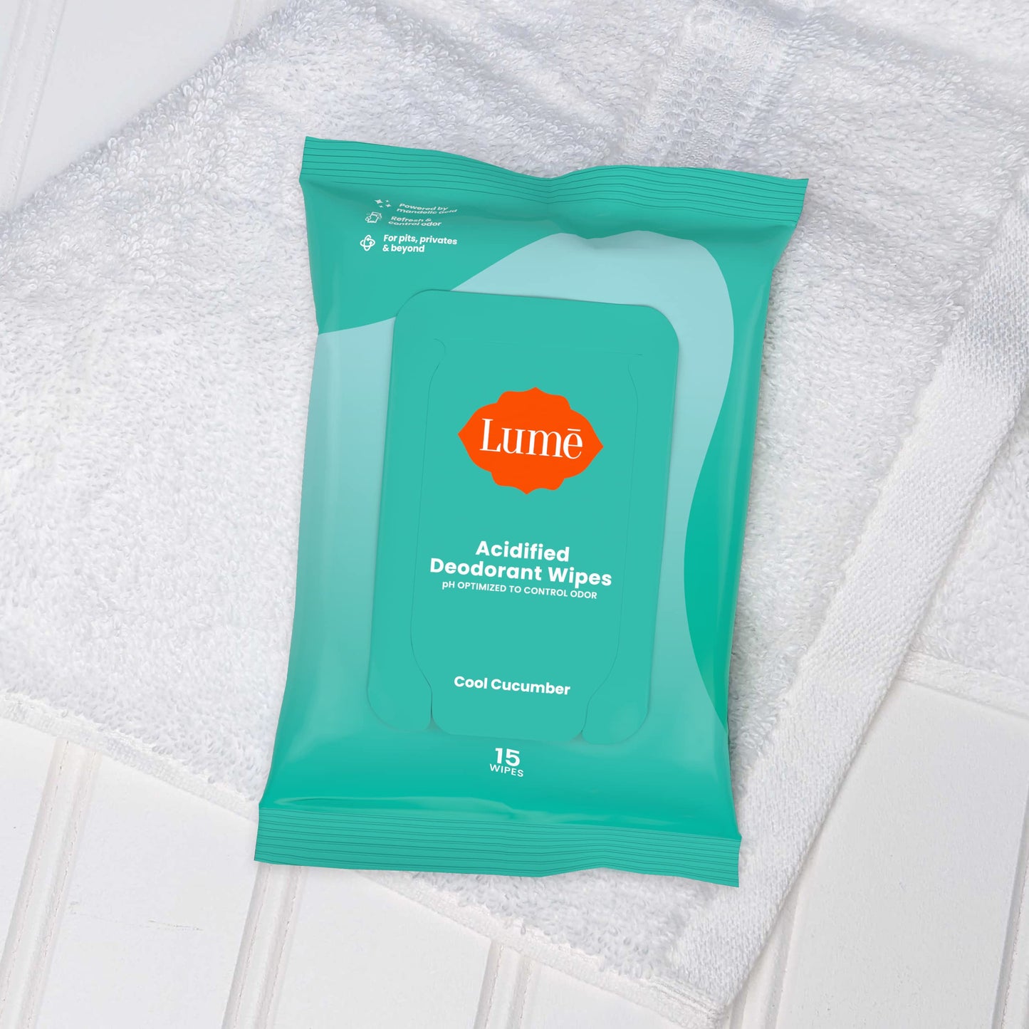 Lume Acidified Deodorant Wipes - 24 Hour Odor Control - Aluminum Free, Baking Soda Free, Skin Loving - 15 Count (Pack of 3) (Cool Cucumber)