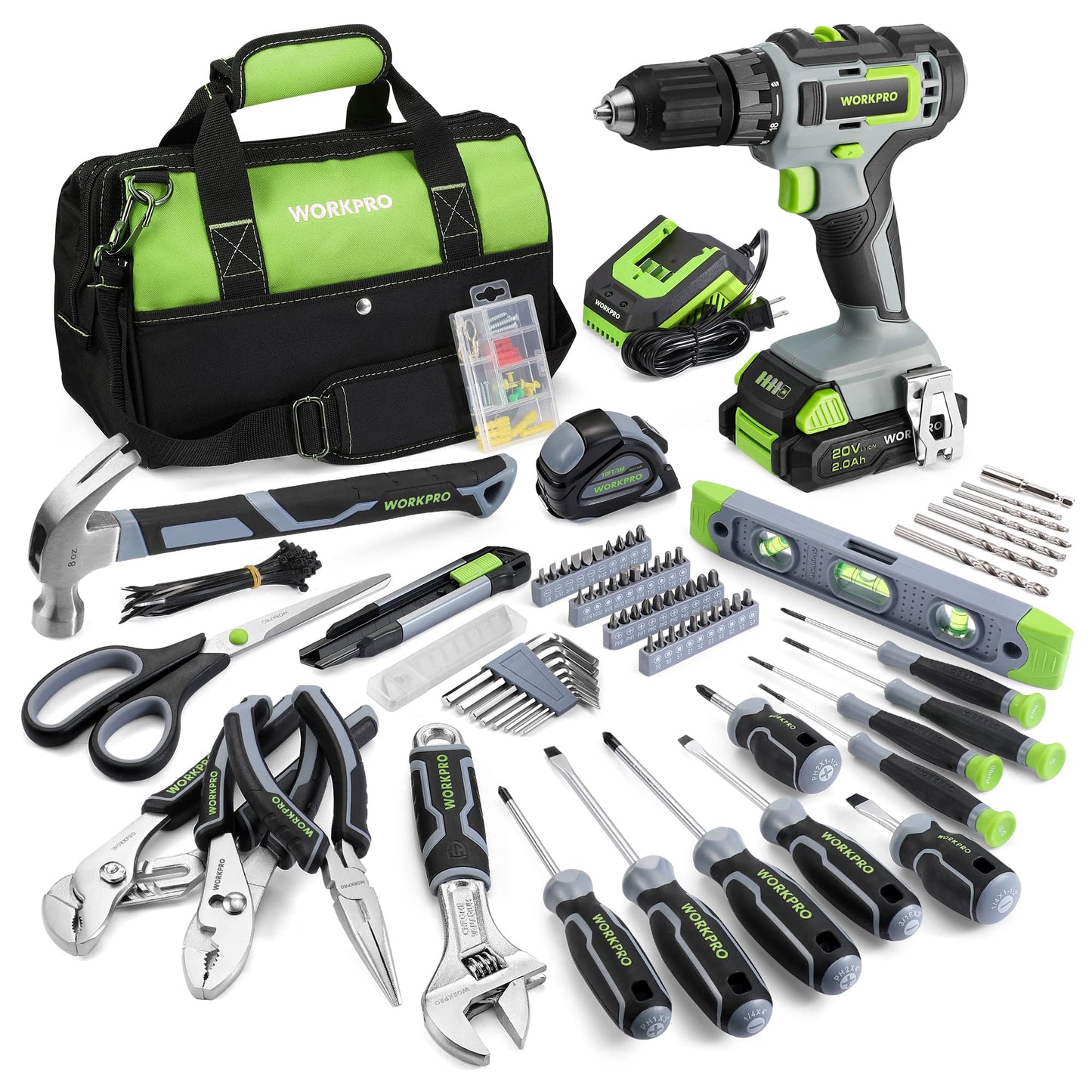 WORKPRO Home Tool Set With 20V Cordless Lithium-ion Drill Driver, 157PCS All-Purpose Kit, Power Drill Combo With Tool Bag