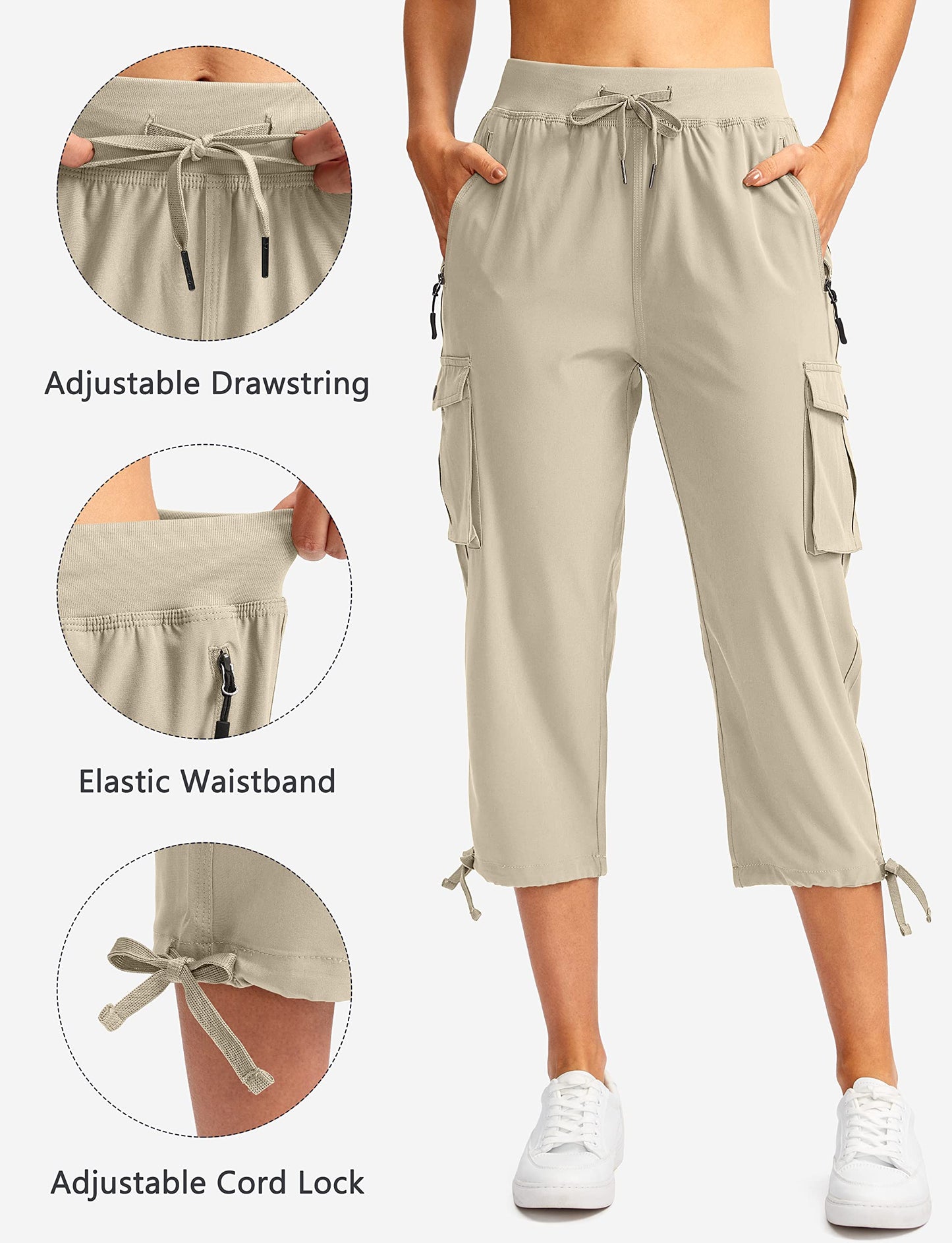 Soothfeel Women's Cargo Capris Pants with 6 Pockets Lightweight Quick Dry Travel Hiking Summer Pants for Women Casual (Khaki, M)