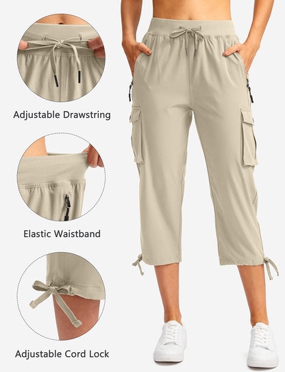 Soothfeel Women's Cargo Capris Pants with 6 Pockets Lightweight Quick Dry Travel Hiking Summer Pants for Women Casual (Khaki, M)