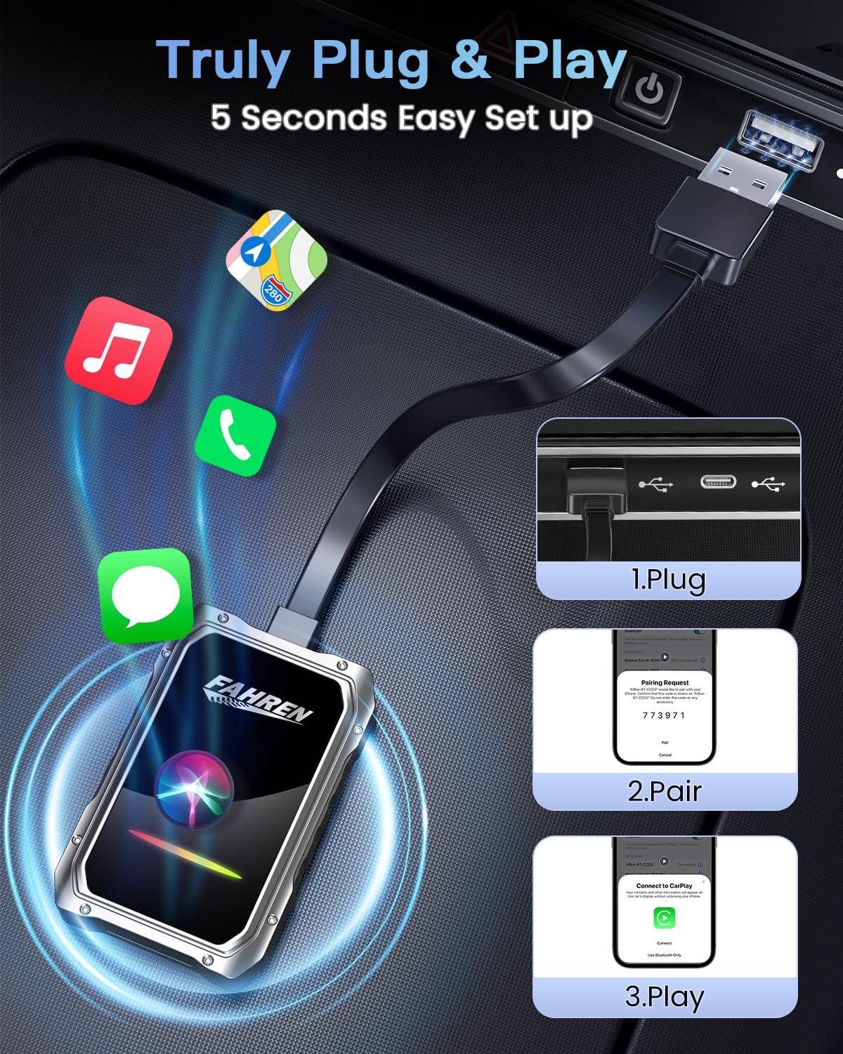 Fahren 2025 Upgraded Wireless CarPlay Adapter for iPhone, Fastest & Stablest 5G WiFi & 5.4 Bluetooth Apple CarPlay Dongle with RGB Light, Compatible with iPhone 8+ & Android Phones, Cars from 2017
