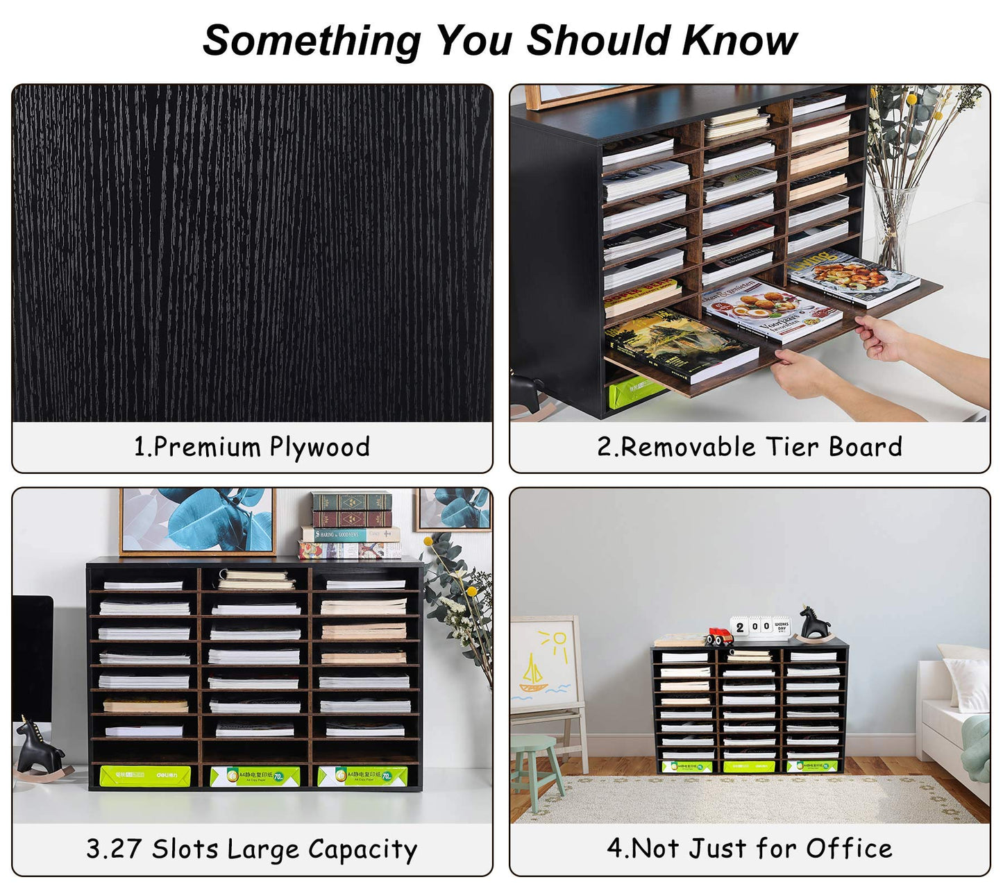 TQVAI Wood Literature Organizer, 27 Slots Hold 13500 Sheets A4 Papers, Wooden Desk File Paper Storage Organizer with Adjustable Shelves, Mailbox Cubbies for Office Home Classroom, Black/Archaize