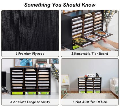 TQVAI Wood Literature Organizer, 27 Slots Hold 13500 Sheets A4 Papers, Wooden Desk File Paper Storage Organizer with Adjustable Shelves, Mailbox Cubbies for Office Home Classroom, Black/Archaize