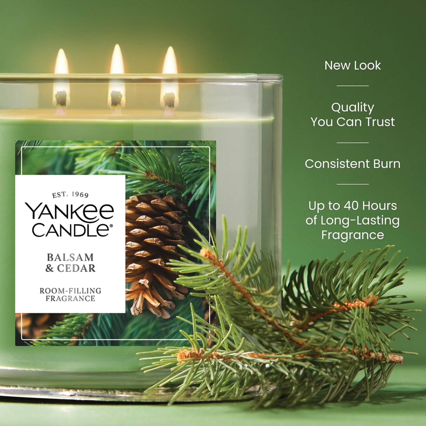 Yankee Candle 3 Wick Candle Jar, Scented Candle with up to 40 Hours of Burn Time, Premium Plant Wax Blend for Consistent Long Lasting Scent from First to Last Burn, Balsam & Cedar