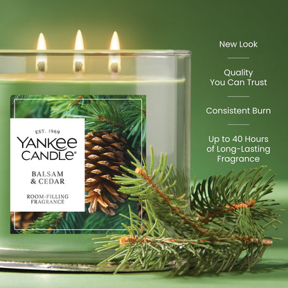 Yankee Candle 3 Wick Candle Jar, Scented Candle with up to 40 Hours of Burn Time, Premium Plant Wax Blend for Consistent Long Lasting Scent from First to Last Burn, Balsam & Cedar