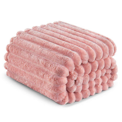Exclusivo Mezcla Fleece Throw Blanket for Couch, Super Soft Striped Jacquard Bed Blanket, Lightweight Fuzzy Cozy for All Seasons, 50x60 Inches, Pink