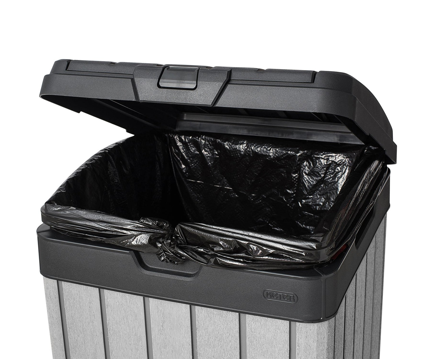 Keter Rockford Resin 38 Gallon Outdoor Kitchen Trash Can with Lid and Drip Tray for Easy Cleaning-Perfect for Patio Dining, Grey