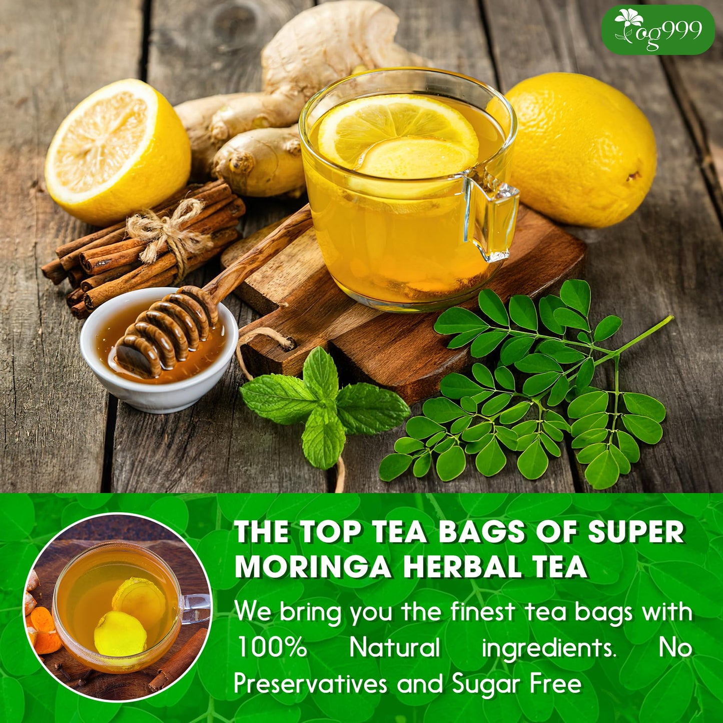 TOG999, Premium 20 Tea bags Super Moringa Herbal Tea, Special Blend of Moringa Leaves, Spearmint Leaves, Ginger, Lemon Peel and Chamomile. No Sugar, No Caffeine, No Gluten, Vegan.