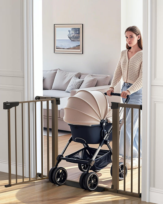 Cumbor 29.7-46" Baby Gate for Stairs, Mom's Choice Awards Winner-Auto Close Dog Gate for the House, Easy Install Pressure Mounted Pet Gates for Doorways, Easy Walk Thru Wide Safety Gate for Dog, Brown