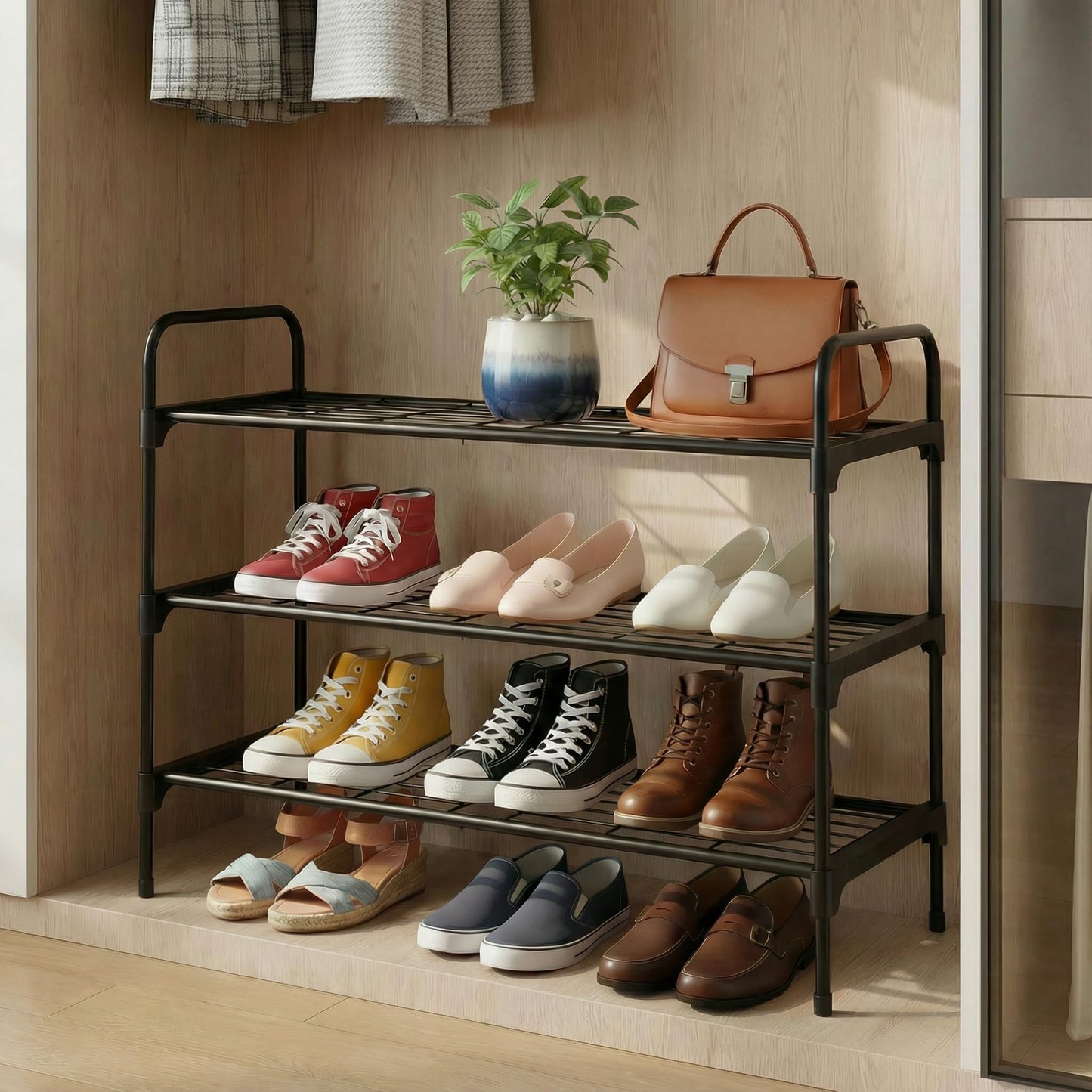 Tujurich 3-Tier Shoe Rack Organlzer, Rustproof lron, Spaclous Shoe Storage Shelf for Closet or Entryway, Fits Sneakers & Slippers, Black