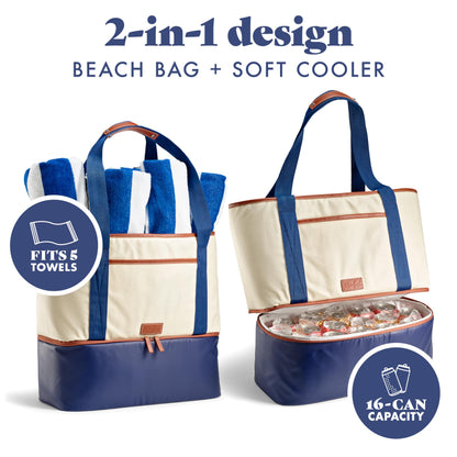 Fit & Fresh Narragansett 2-in-1 Tote with Cooler Compartment, Removable Accessory Pouch, Insulated Beach Bag, Leakproof, Water Resistant, Pool Essential, Holds 16 Cans, Navy