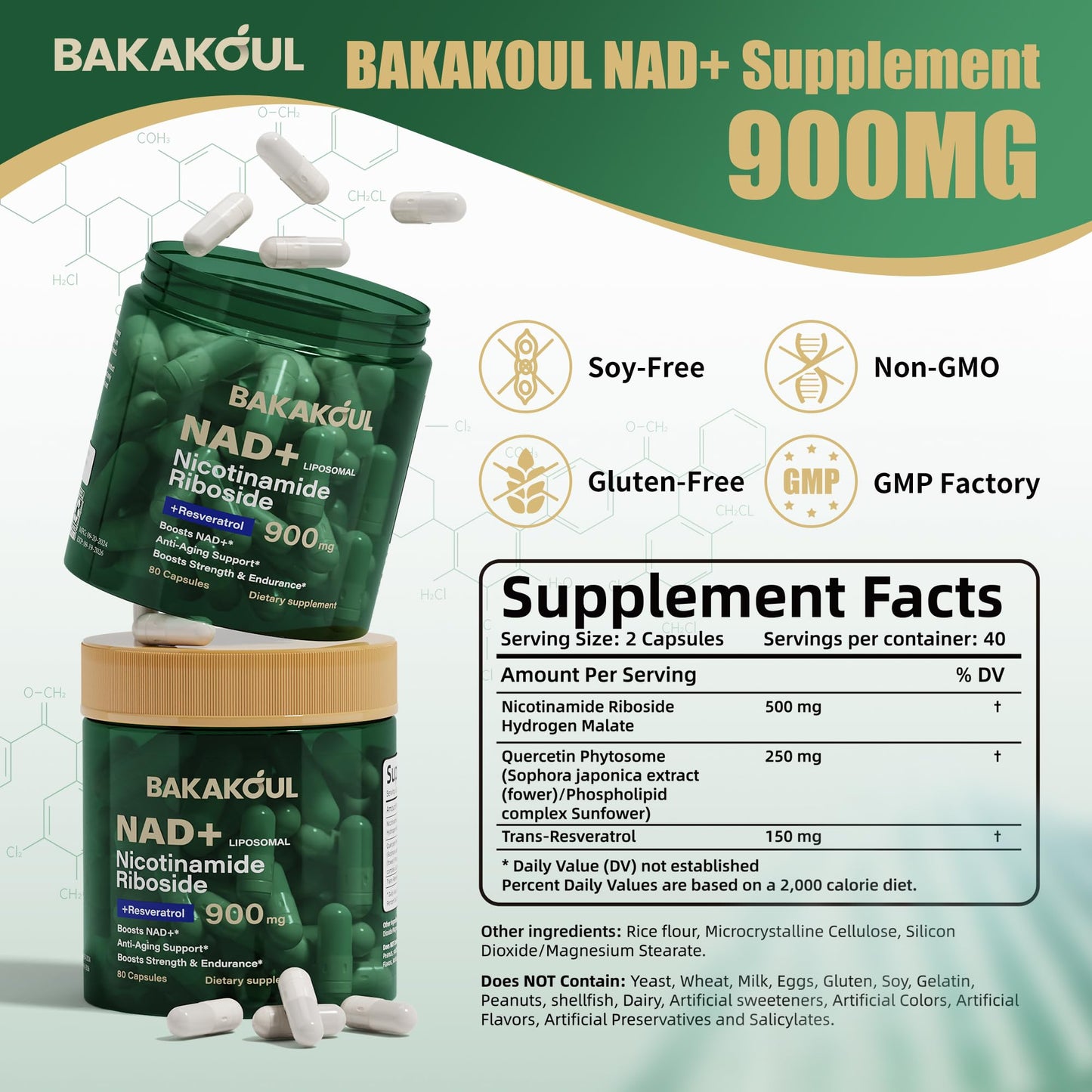 BAKAKOUL NAD Supplement - Liposomal Nicotinamide Riboside, Resveratrol, Quercetin, NAD Nicotinamide Riboside Resveratrol 900mg, NAD+ Supplement for Men and Women, 80 Capsules 1 Pack