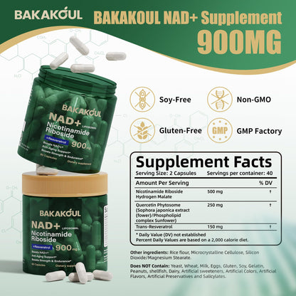 BAKAKOUL NAD Supplement - Liposomal Nicotinamide Riboside, Resveratrol, Quercetin, NAD Nicotinamide Riboside Resveratrol 900mg, NAD+ Supplement for Men and Women, 80 Capsules 1 Pack