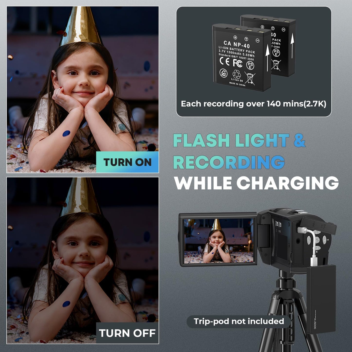 Gcasio 2.7K Video Camera Camcorder QHD 56MP YouTube Vlogging Camera Webcam 16X Digital Zoom with 32G SD Card 270 Degree Rotation Screen Camcorders and 2 Batteries Recording While Charging