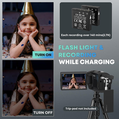 Gcasio 2.7K Video Camera Camcorder QHD 56MP YouTube Vlogging Camera Webcam 16X Digital Zoom with 32G SD Card 270 Degree Rotation Screen Camcorders and 2 Batteries Recording While Charging