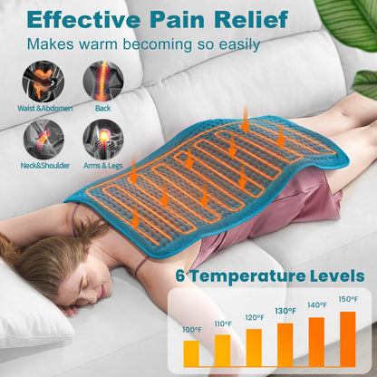 Heating Pad for Back Pain and Cramp Relief, Extra Large 17" x 33" Size Electric Heating Pad for Shoulder Neck Pain with 6 Temperature Level and 6 Timer Settings Auto Shut Off