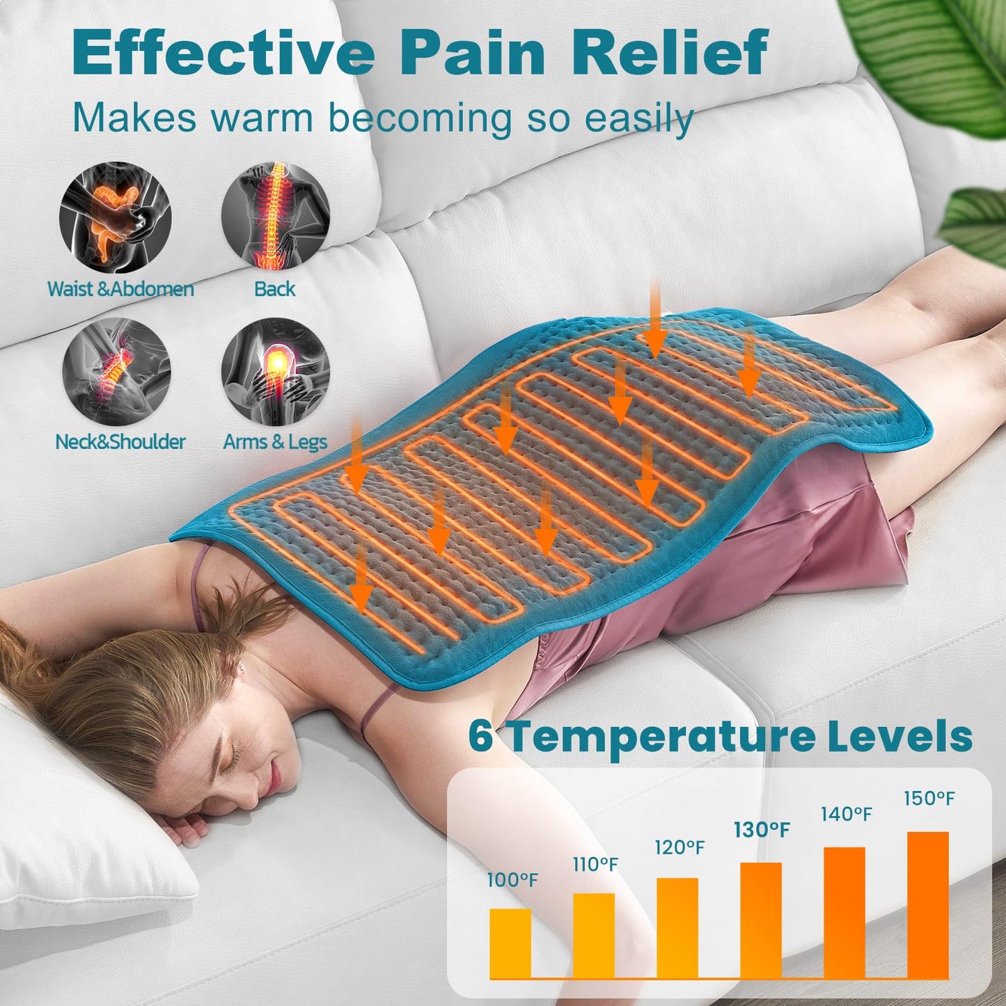 Heating Pad for Back Pain and Cramp Relief, Extra Large 17" x 33" Size Electric Heating Pad for Shoulder Neck Pain with 6 Temperature Level and 6 Timer Settings Auto Shut Off