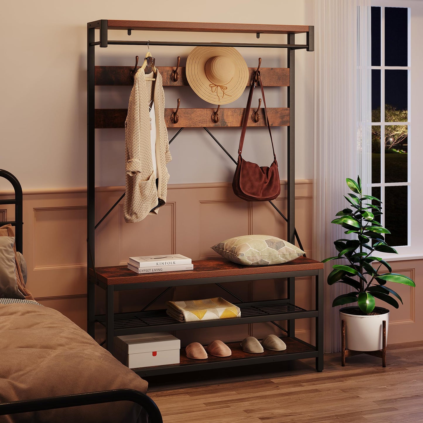 IDEALHOUSE Coat Rack Shoe Bench Industrial Hall Tree Storage Bench for Entryway, Wood Look Accent Large Shoe Rack with Storage Shelf Hanging Bar,8 Hooks Rustic Brown 39.9"x15.7"x72"