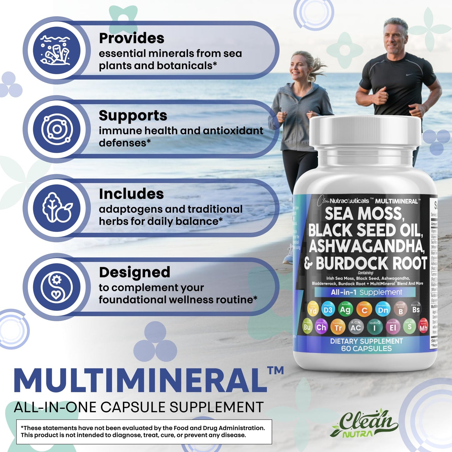 Clean Nutraceuticals Sea Moss Black Seed Oil Ashwagandha Turmeric Bladderwrack Burdock & Vitamin C Vitamin D3 with Elderberry Manuka Dandelion Yellow Dock Iodine Chlorophyll ACV