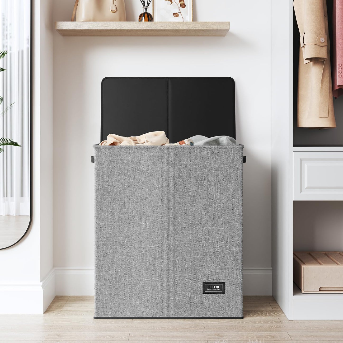 SOLEDI Double Laundry Hamper with Lid and Removable bag, Large Laundry Basket 2 Section with handles, Collapsible Dirty Clothes Hampers for Laundry, Bedroom, Dorm, College