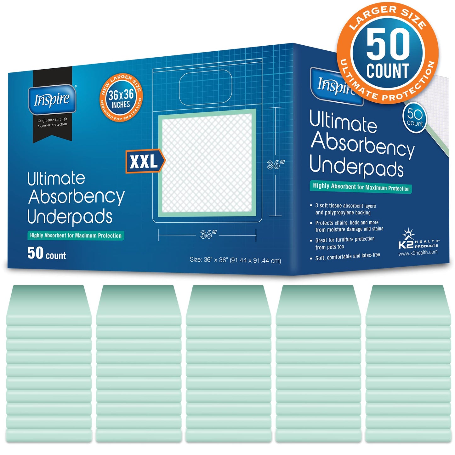 Inspire Extra Large Super Absorbent Disposable Bed Pads for Incontinence (36" X 36" Pack of 50) Ultra Thick and Absorbent Underpads Chux Adults, Puppies, Dogs Kids Furniture Protection