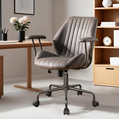 ovios Ergonomic Office Chair, Mid Back Faux Leather Executive Chairs with Armrests, Comfy Mid-Century Modern Swivel Rolling Computer Armchair (Dark Grey, Suede Leather)