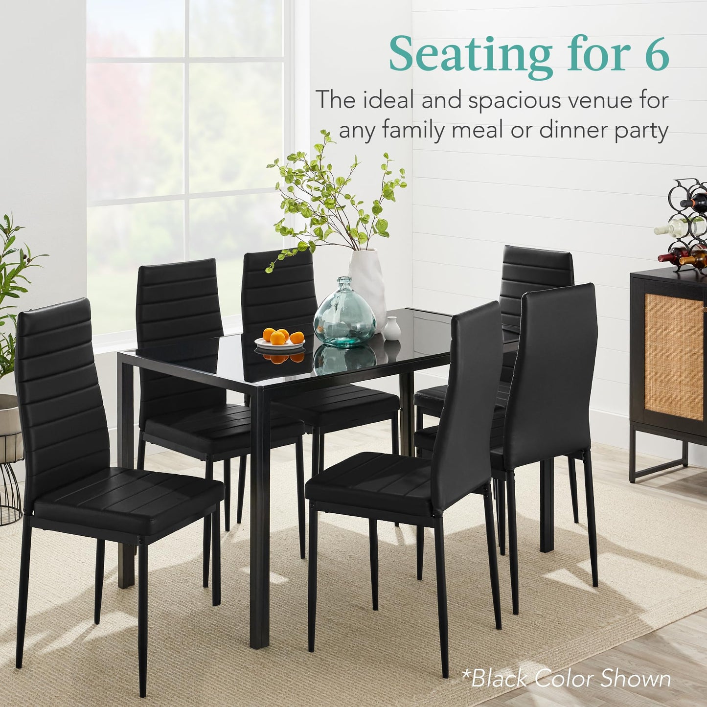 Best Choice Products 7-Piece Glass Dining Set, Modern Kitchen Table Furniture for Dining Room, Dinette, Compact Space-Saving w/Glass Tabletop, 6 Upholstered PU Chairs, Metal Steel Frame - White