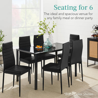 Best Choice Products 7-Piece Glass Dining Set, Modern Kitchen Table Furniture for Dining Room, Dinette, Compact Space-Saving w/Glass Tabletop, 6 Upholstered PU Chairs, Metal Steel Frame - White