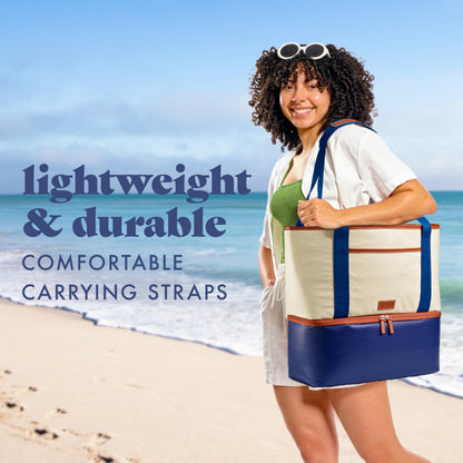 Fit & Fresh Narragansett 2-in-1 Tote with Cooler Compartment, Removable Accessory Pouch, Insulated Beach Bag, Leakproof, Water Resistant, Pool Essential, Holds 16 Cans, Navy