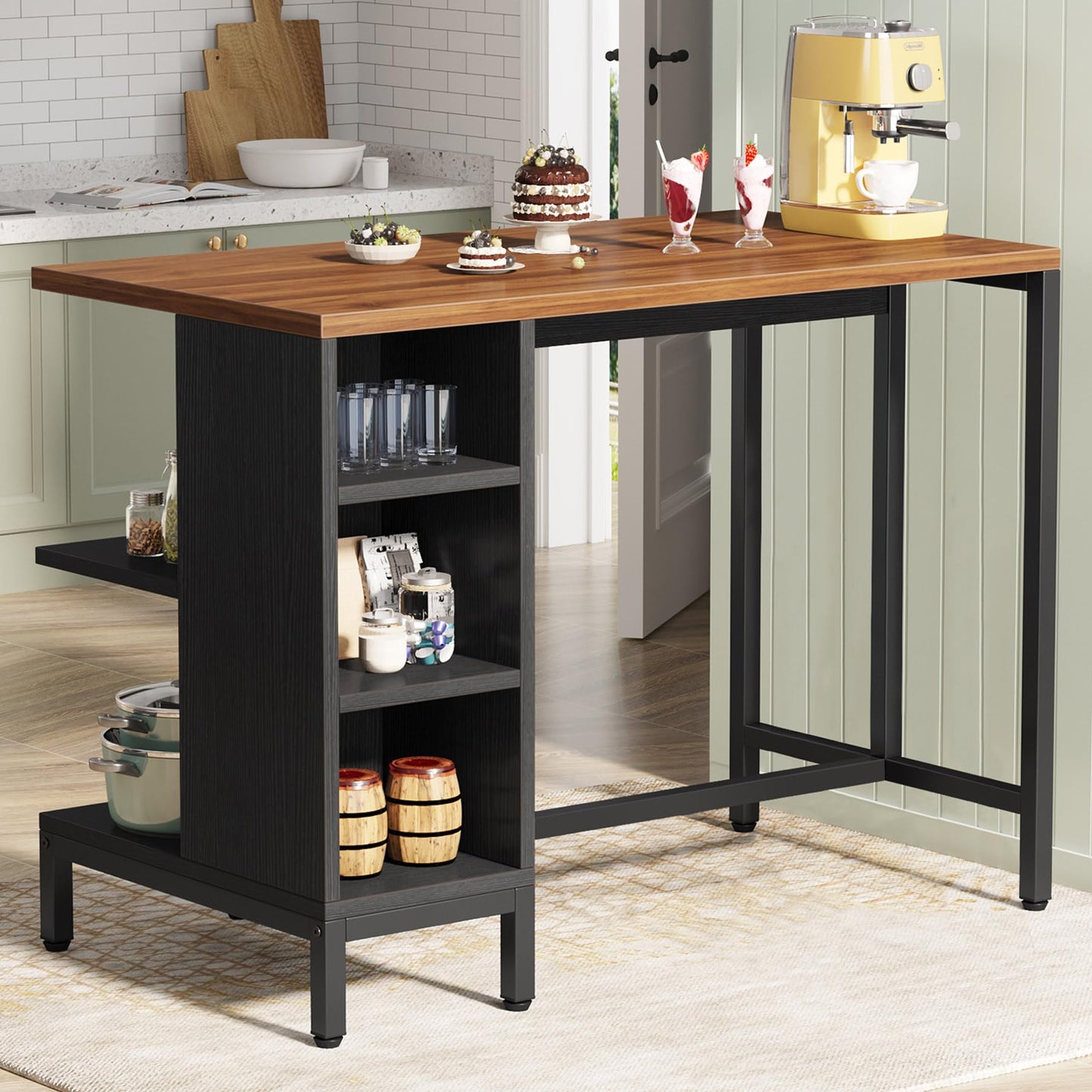 Tribesigns Kitchen Island, Kitchen Shelf Kitchen Bar Table with 5 Open Storage Shelves and Large Worktop, Industrial Butcher Block Island (Stools Not Included)