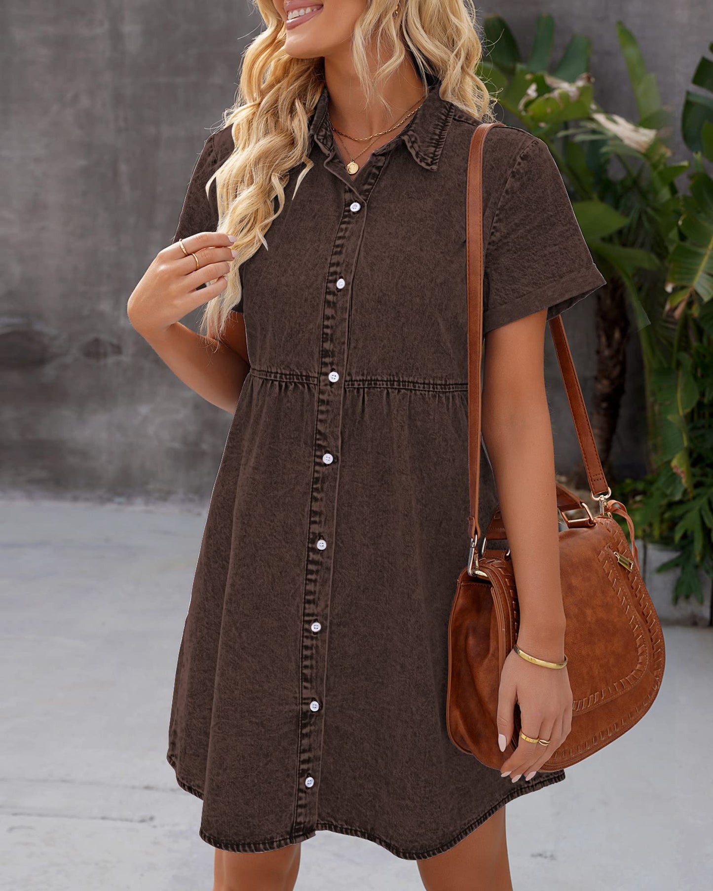 LookbookStore Women's Short Sleeve Button Down Flowy Tiered Babydoll Denim Dress Cocoa Brown Size M Size 8 10