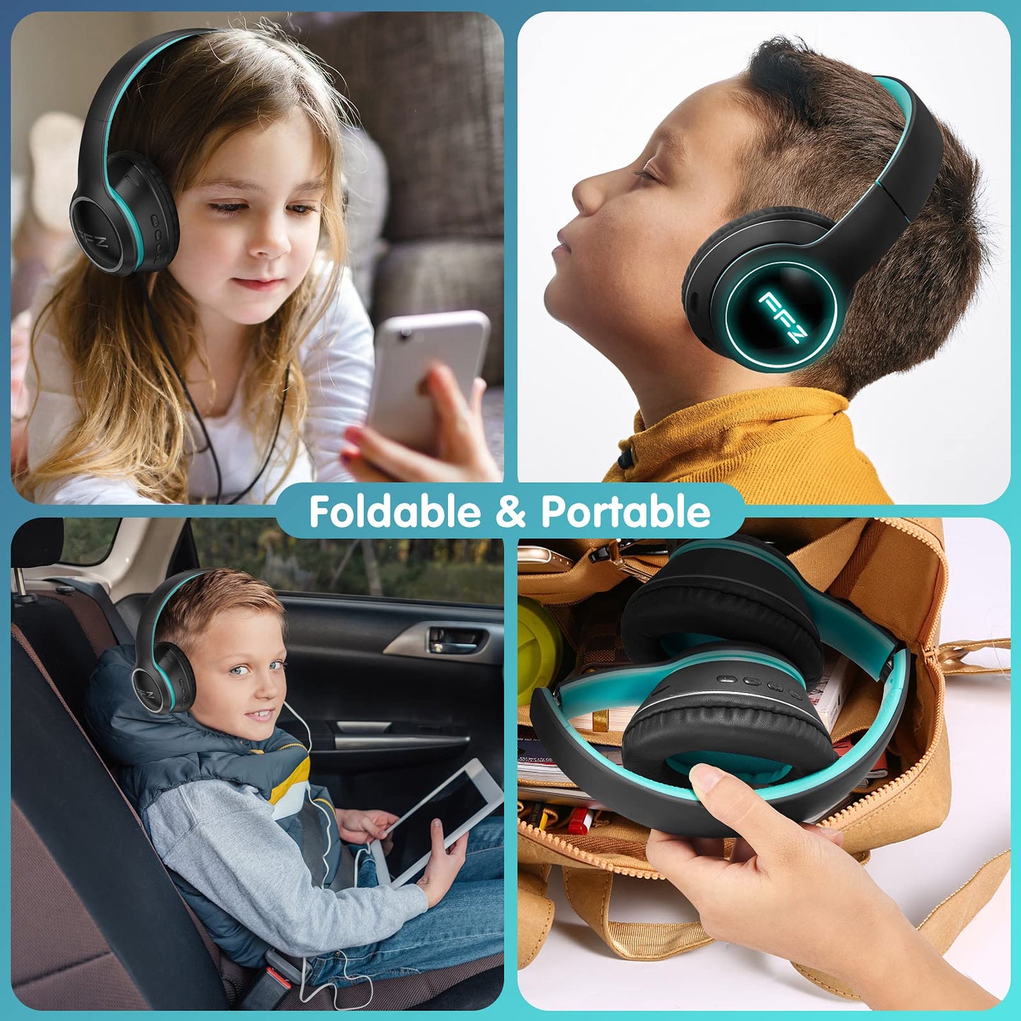 FFZ Kids Wireless Headphones, K21 Colorful LED Lights Blue Tooth-V5.0 Headphones for Kid with Built-in Microphone, Foldable Headset & Soft Earpads, for School/Car/Airplane/Ipad(Black)