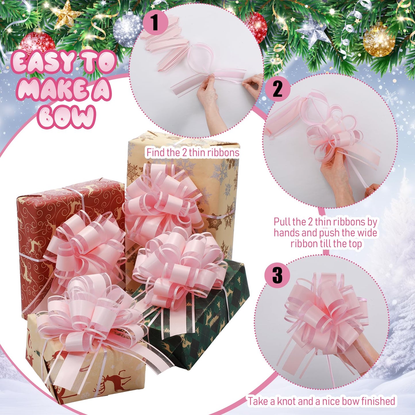 WILLBOND 10 Pcs Large Christmas Pull Bows Gift Wrapping 6 Inch Pull Bows for Christmas Party Birthday Wedding Baskets Xmas for Gift Wrapping Decorations(Lotus Root Pink)