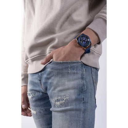 GUESS Comfortable Iconic Blue Stain Resistant Watch with Rose Gold-Tone Day, Date + 24 Hour Military/Int'l Time. Color: Blue (Model: U1049G2)
