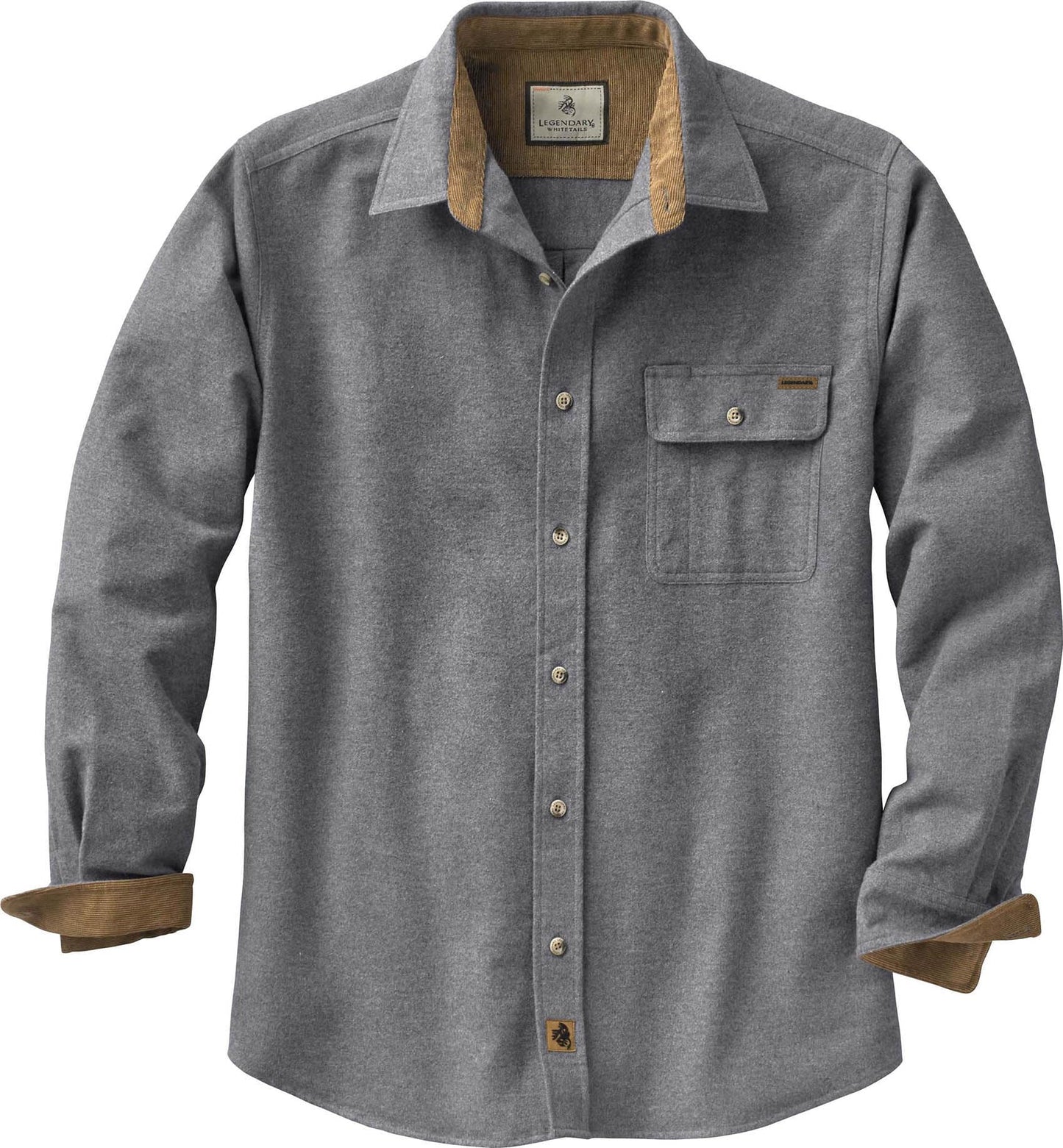 Legendary Whitetails Men's Standard Buck Camp Flannel, Long Sleeve Plaid Button Down Casual Shirt, Corduroy Cuffs, Charcoal Heather, Large